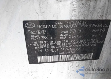 2019 Hyundai Elantra Sel z USA, uszkodzony, nr VIN 5NPD84LF8KH468355
